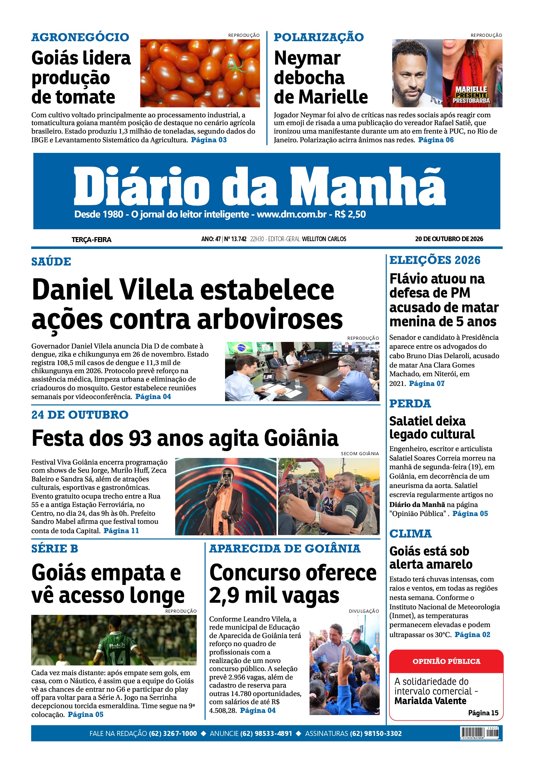 Capa do jornal Goiânia de 20/10/2026